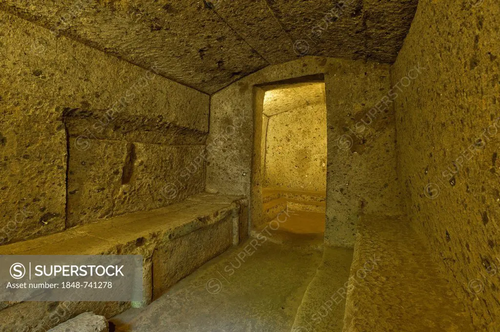 Chamber tomb, Tomba dei Letti, an antique round tumulus grave, Etruscan Necropolis of La Banditaccia, Necropoli della Banditaccia, Cerveteri, province...