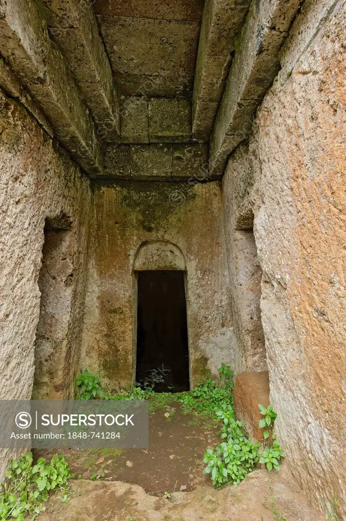 Entrance to an ancient tumulus round grave, Tumulo del Colonnello, Etruscan Necropolis of La Banditaccia, Necropoli della Banditaccia, Cerveteri, prov...