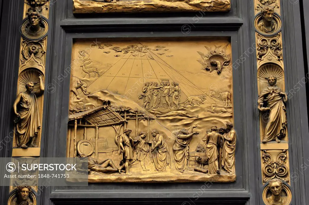Detailed view, Paradise Portal, eastern portal of the baptistery, Florence Cathedral, an early Renaissance masterpiece by Lorenzo Ghiberti, Florence, ...