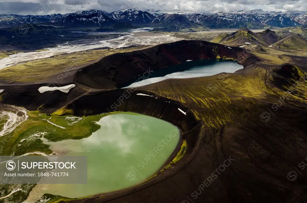 Aerial view, Ljótipollur Crater Lake, Lake Blautaver, rhyolite mountains partially covered with snow, Landmannalaugar, Fjallabak conservation area, Ic...
