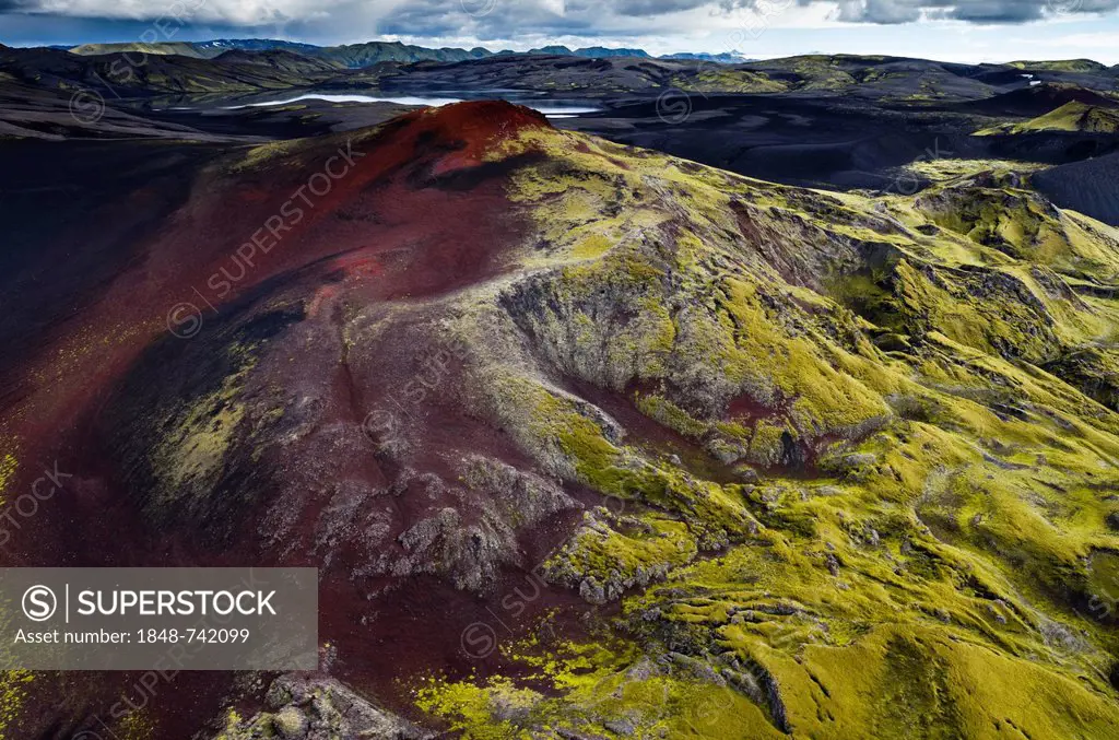 Aerial view, moss-covered Craters of Laki or Lakagígar, Lake Lambavatn, Icelandic Highlands, Southern Iceland, Suðurland, Iceland, Europe