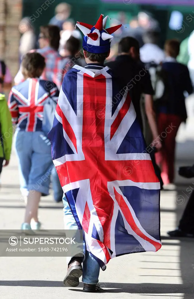 Fan swathed in a Union Jack, AELTC, London 2012, Olympic Tennis Tournament, Olympics, Wimbledon, London, England, Great Britain, Europe