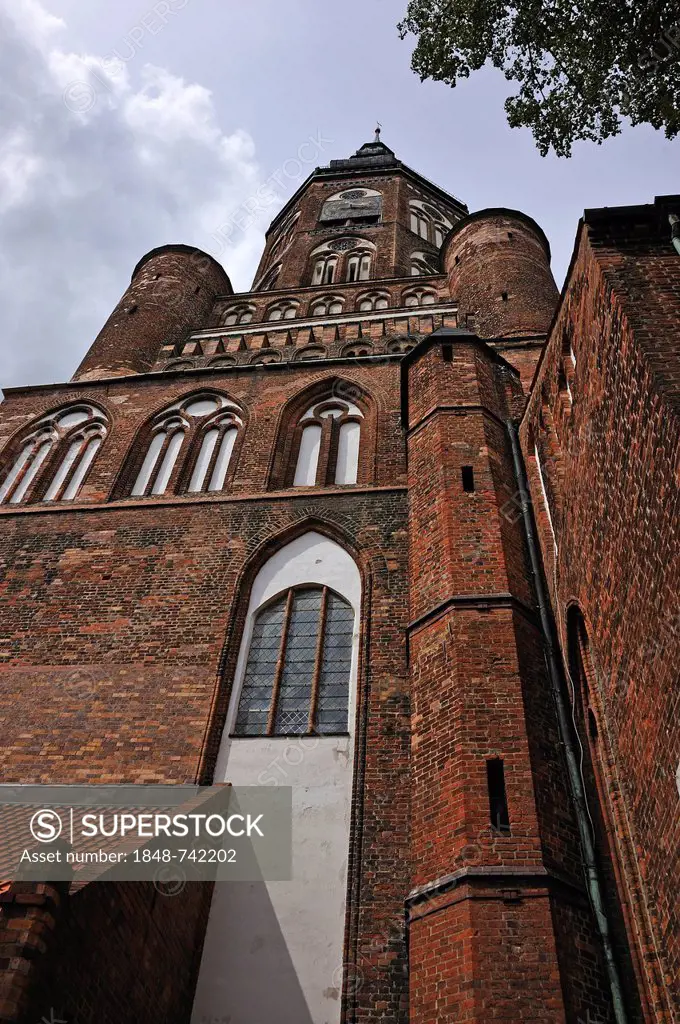 Steeple of Greifswald Cathedral, around 1300, was rebuilt after it collapsed in 1653, Domstrasse street, Greifswald, Mecklenburg-Western Pomerania, Ge...