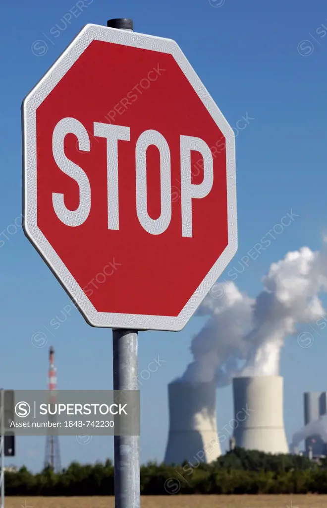 Stop sign and Lippendorf Power Station near Leipzig, Saxony, Germany, Europe, PublicGround