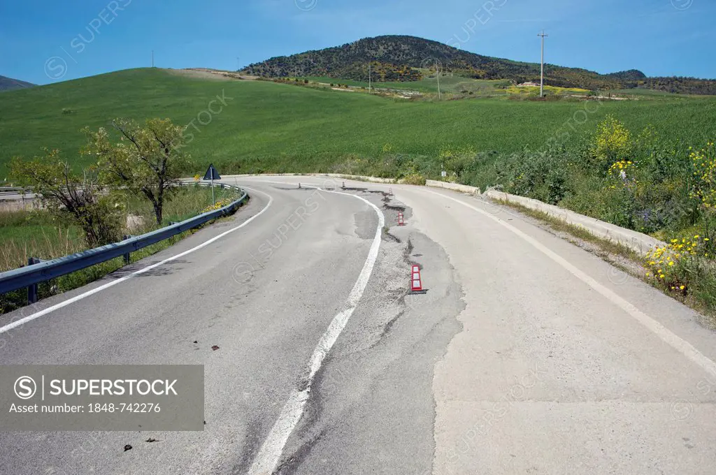 Road damaged by volcanic activity, Cerda, Sicily, Italy, Europe