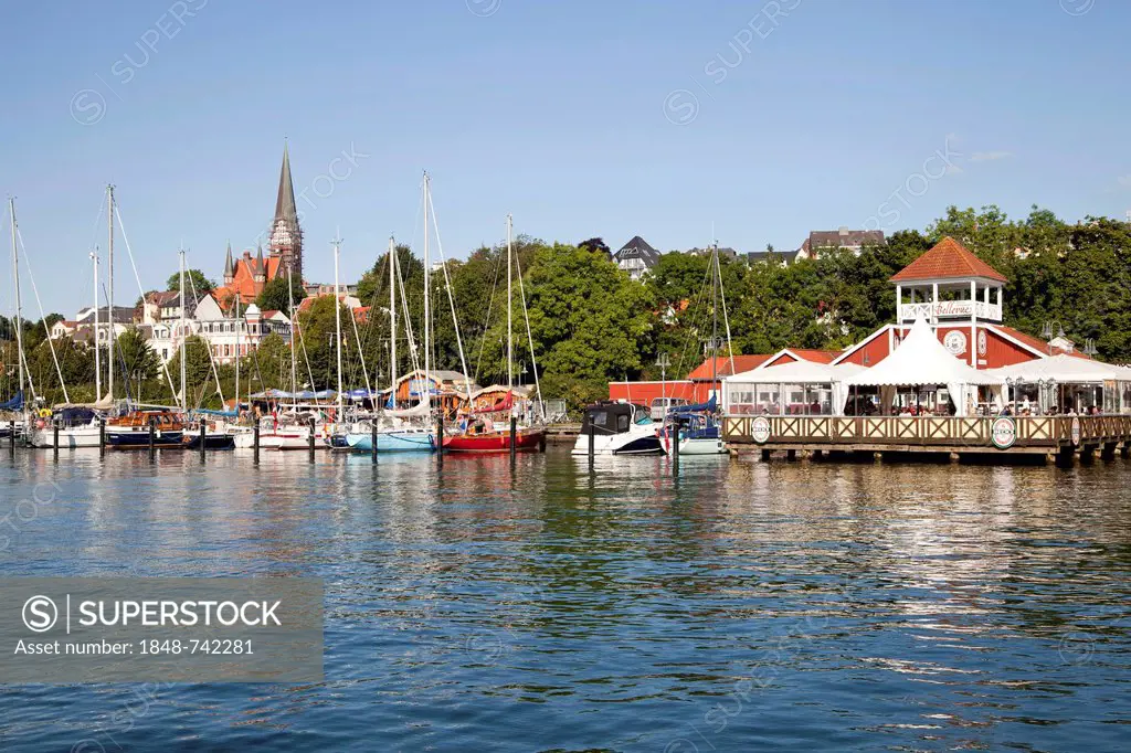 Cafe, Bellevue restaurant and marina in Flensburg, Schleswig-Holstein, Germany, Europe