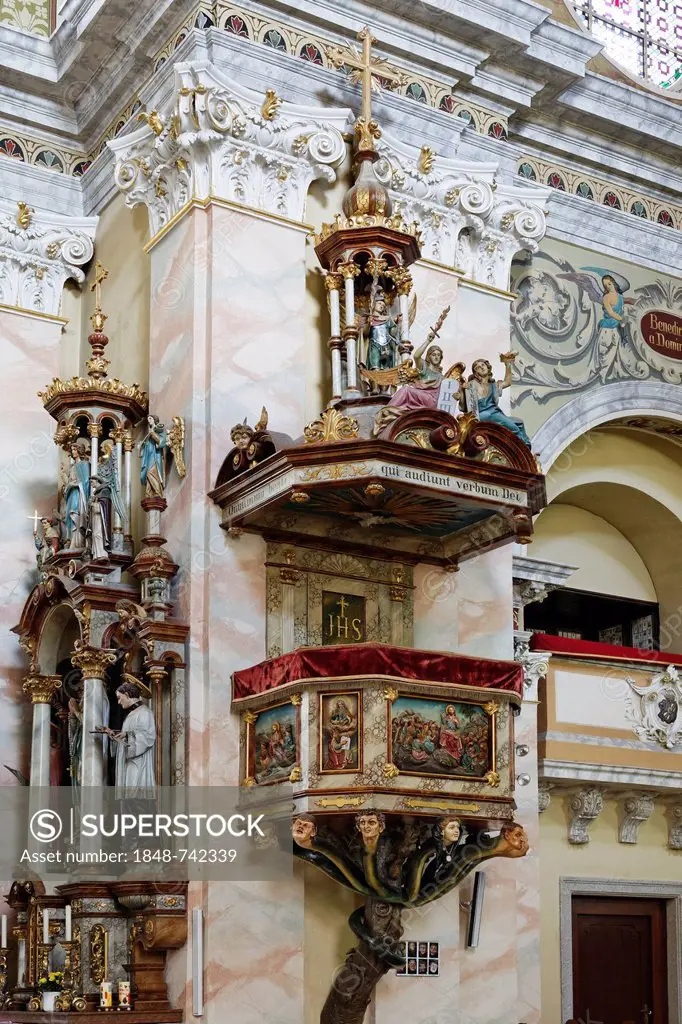 Pulpit of the Seven Deadly Sins, Parish Church of Reichenthal, Muehlviertel region, Upper Austria, Austria, Europe