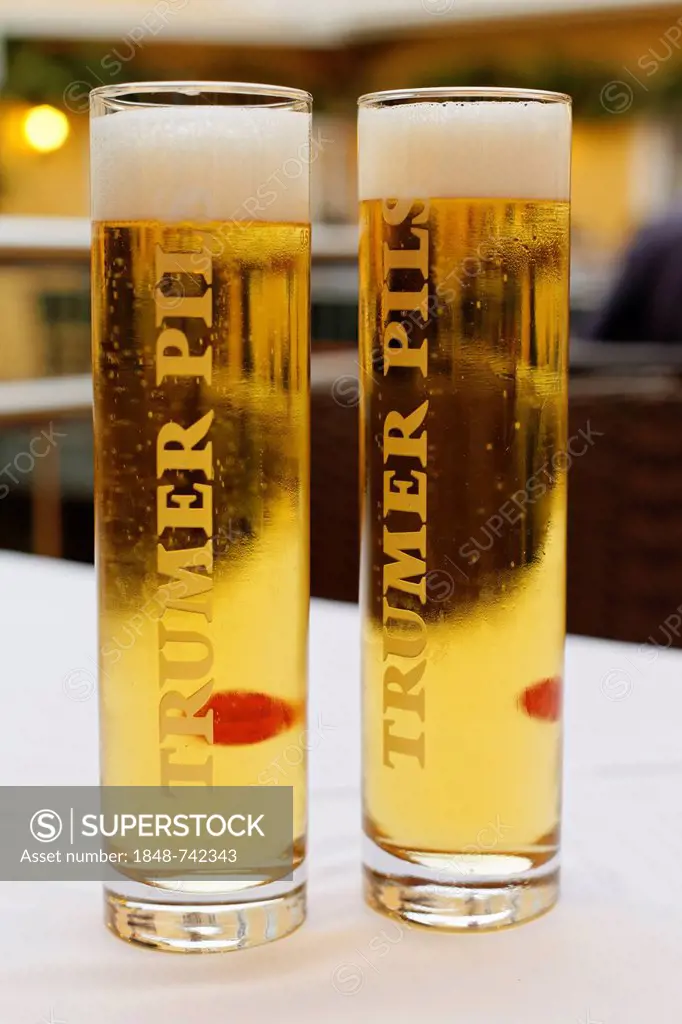 Two glasses of beer labelled Trumer Pils, from Salzburg, Grein, Upper Austria, Austria, Europe