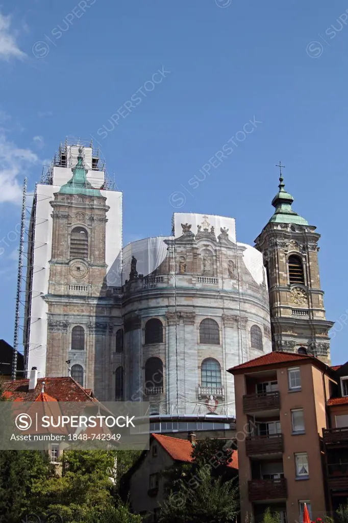 Baroque Weingarten Abbey, St. Martin's Abbey, surrounded by scaffolding due to restoration, renovation of the northern tower and the central part of t...