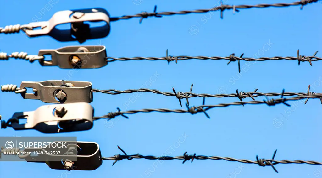 Barbed wire on a fence with clamps