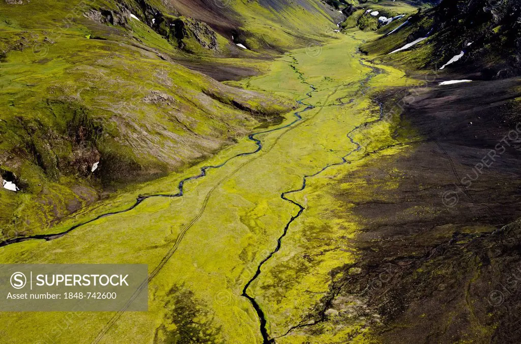 Aerial view, river and moss, Craters of Laki or Lakagígar region, Icelandic Highlands, Southern Iceland, Suðurland, Iceland, Europe