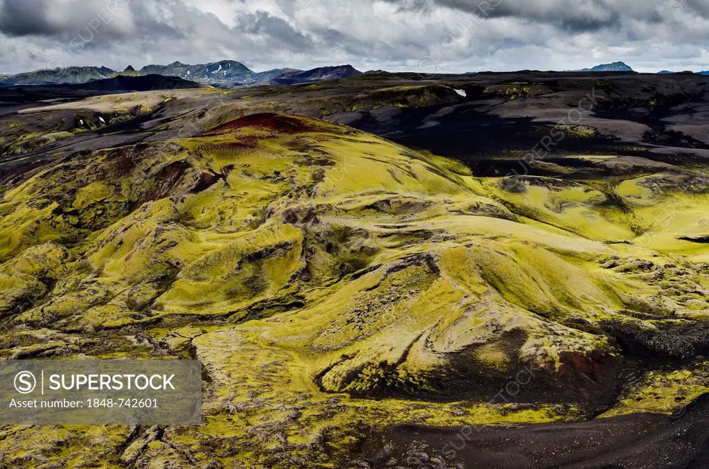 Aerial view, moss-covered Craters of Laki or Lakagígar, Icelandic Highlands, Southern Iceland, Suðurland, Iceland, Europe