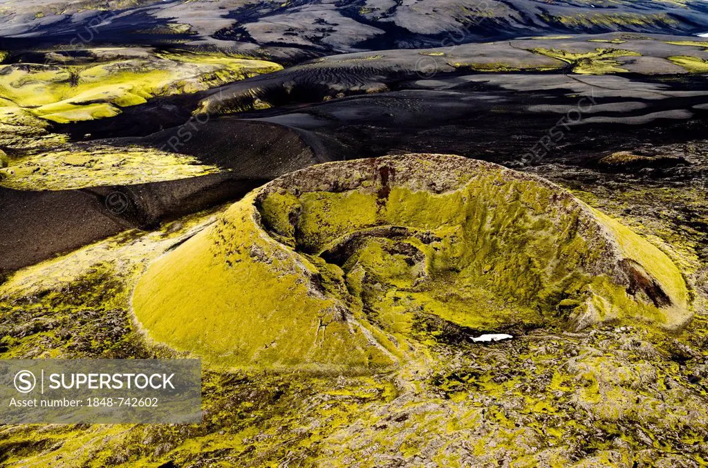 Aerial view, moss-covered Craters of Laki or Lakagígar, Icelandic Highlands, Southern Iceland, Suðurland, Iceland, Europe