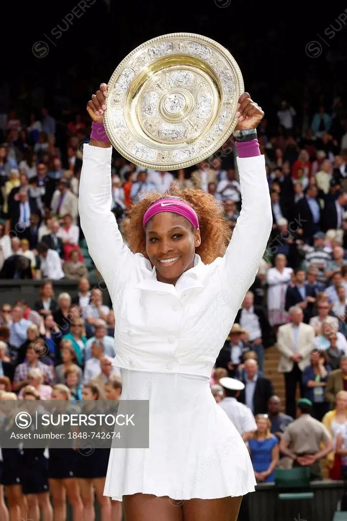 Winners ceremony, champion Serena Williams, USA, holding the winner's silver salver, women's final, Wimbledon Championships 2012 AELTC, ITF Grand Slam...
