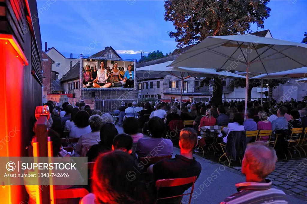 Audience at the open air cinema, Lauf industrial museum, Sichartstrasse street 5-25, Lauf, Middle Franconia, Bavaria, Germany, Europe