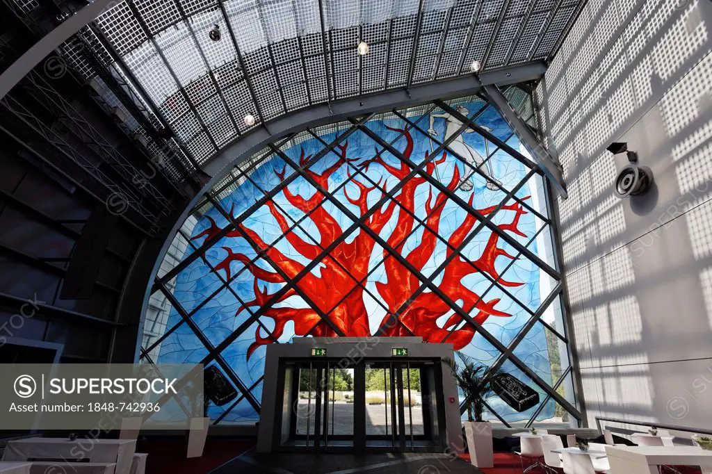 Stained-glass window by Joerg Immendorf, Galeria, Messe Essen exhibition centre, Essen, Ruhr region, North Rhine-Westphalia, Germany, Europe