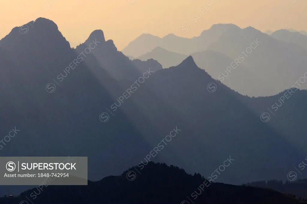 Mountain panorama in the early morning, Geisshorn Mountain, Tannheim Valley, Tyrol, Austria, Europe
