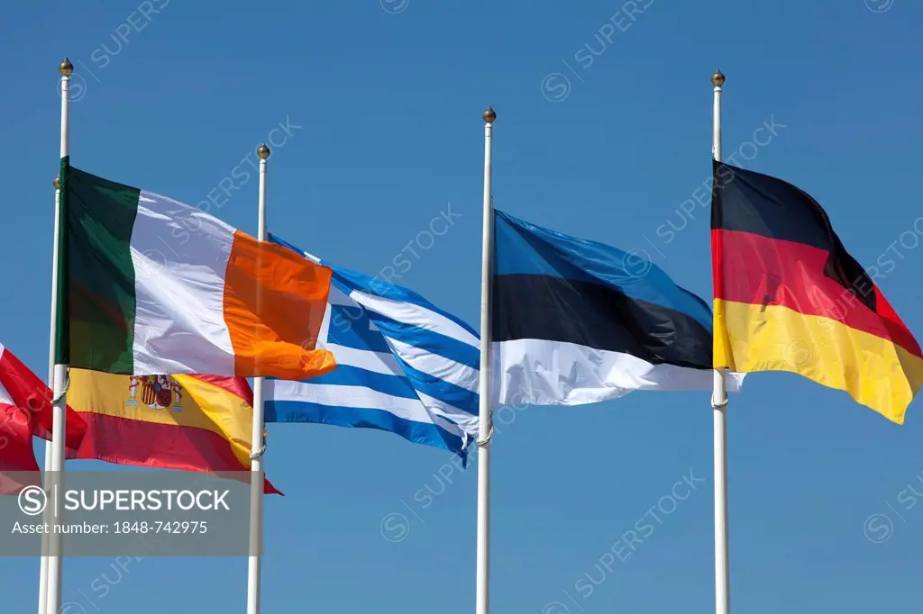 International flags, European Investment Bank, EIB, European quarter, Kirchberg plateau, Luxembourg City, Europe, PublicGround