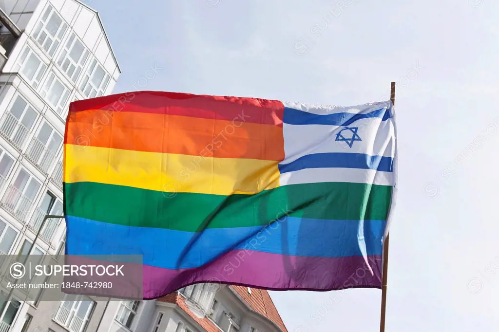 Rainbow flag with the national flag of Israel in the upper right corner, Star of David, rally against the Al-Quds Day, protest against anti-Semitism a...