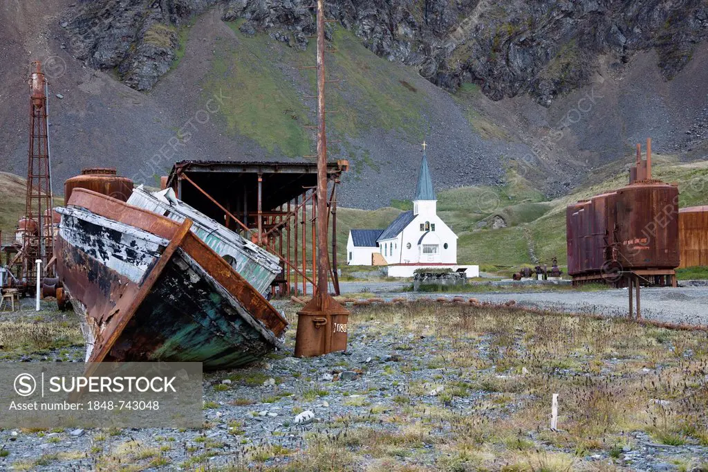 Church of Grytviken, former whaling station, King Edward Cove, South Georgia, South Sandwich Islands, British Overseas Territory, South Atlantic, sub-...