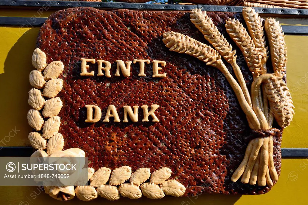 Baked sign Erntedank, German for Thanksgiving, in Kirchwerder, Hamburg, Germany, Europe