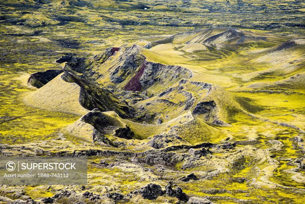Aerial view, volcanic fissure, moss-covered Craters of Laki or Lakagígar, Icelandic Highlands, Southern Iceland, Suðurland, Iceland, Europe