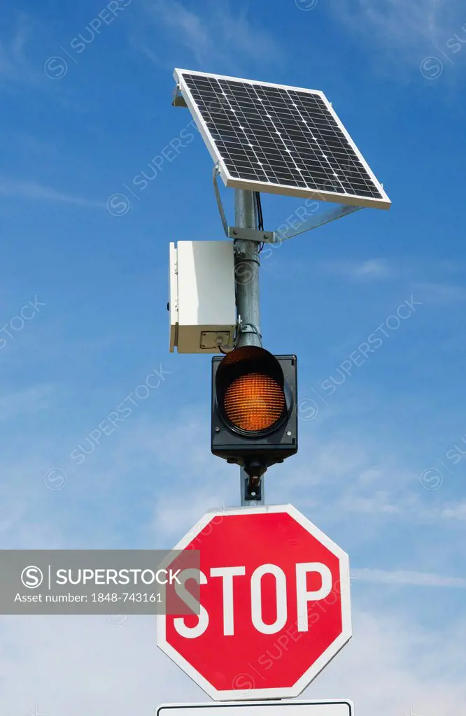Solar cells providing the energy for a warning light at an intersection, Vlasici, Pag Island, Adriatic Sea, Gulf of Kvarner, Croatia, Europe