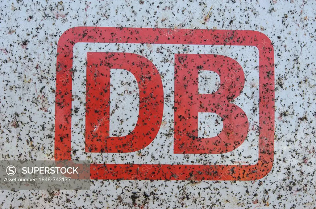 Logo of DB, Deutsche Bahn, German rail company, dirty sign with flies on the front of an ICE railcar, Germany, Europe