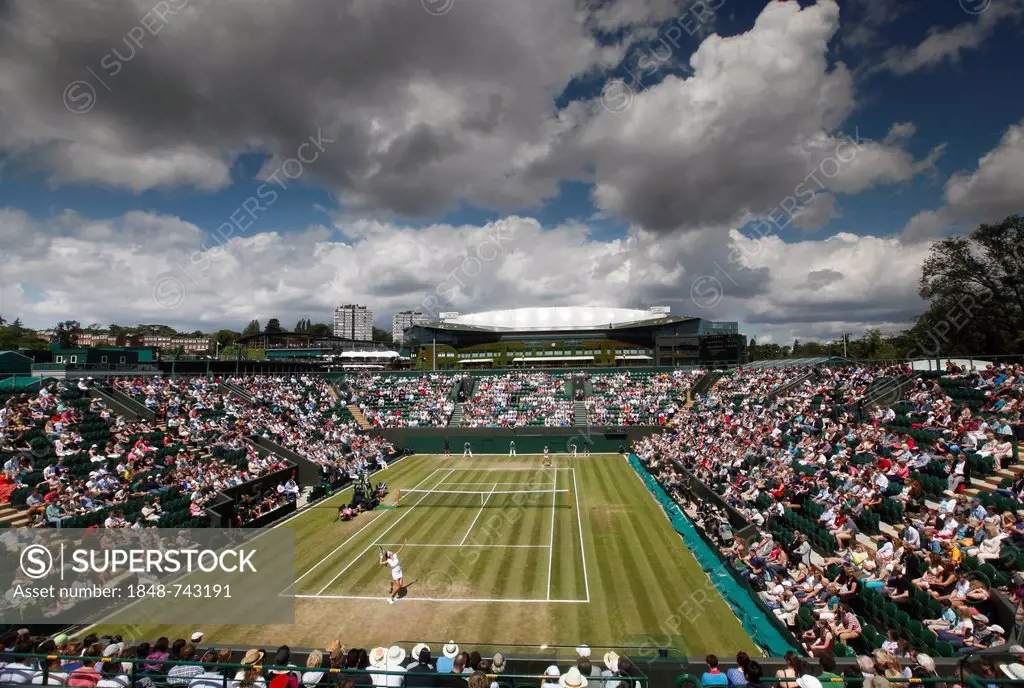 View from above to Show Court 2, match Julia Goerges, GER, vs. Ana Ivanovic, SRB, dark clouds, Wimbledon Championships 2012 AELTC, ITF Grand Slam Tenn...