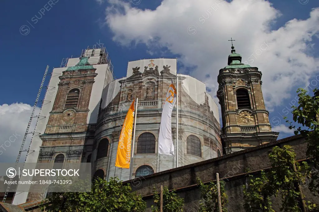 Baroque Weingarten Abbey, St. Martin's Abbey, surrounded by scaffolding due to renovation, restoration of the northern tower and the central part of t...