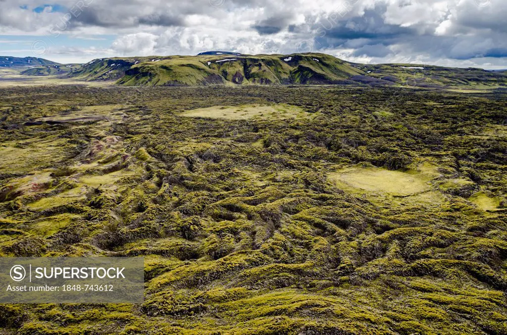 Aerial view, moss-covered lava field, Craters of Laki or Lakagígar, Icelandic Highlands, Southern Iceland, Suðurland, Iceland, Europe