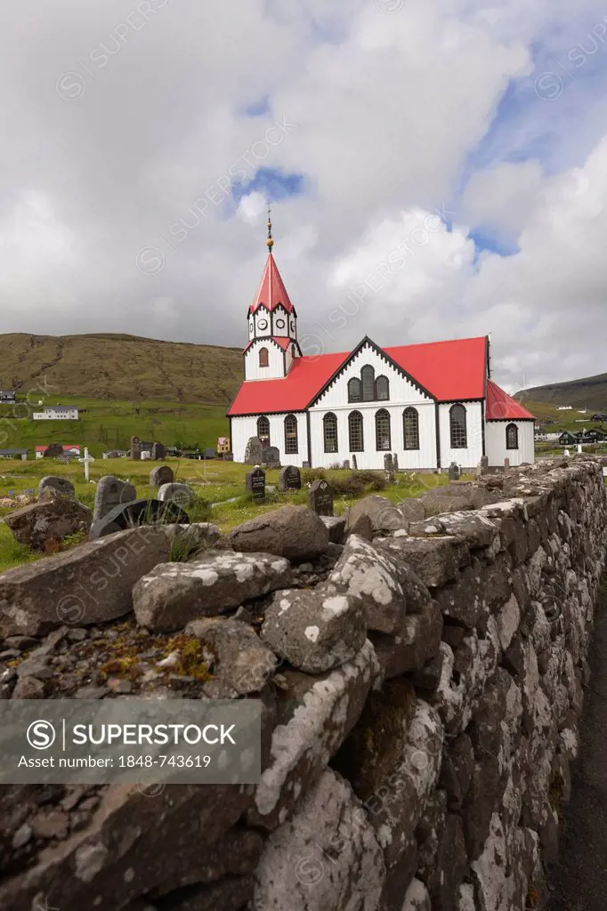 Church of the community of Sandavágur on Vágar Island, Faroe Islands, North Sea, Northern Europe, Europe