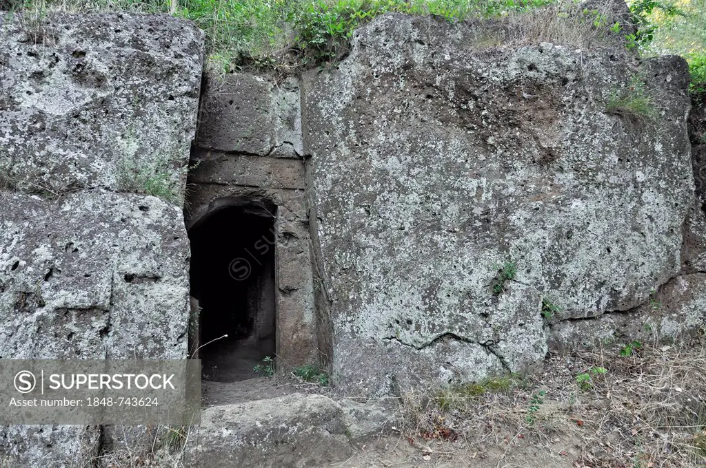 Entrance to the Etruscan burial chamber Tomba della Sedia, archaeological zone at San Giovenale, near Blera, Lazio, Italy, Europe, PublicGround