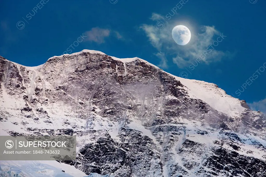 Moon over the Bernese Alps, Grimmelwald, Bernese Oberland, Switzerland, Europe
