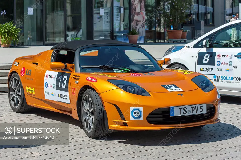 Tesla Roadster, an American electric sports car before the prologue of the e-miglia 2012 from Munich to St. Moritz, Munich, Bavaria, Germany, Europe