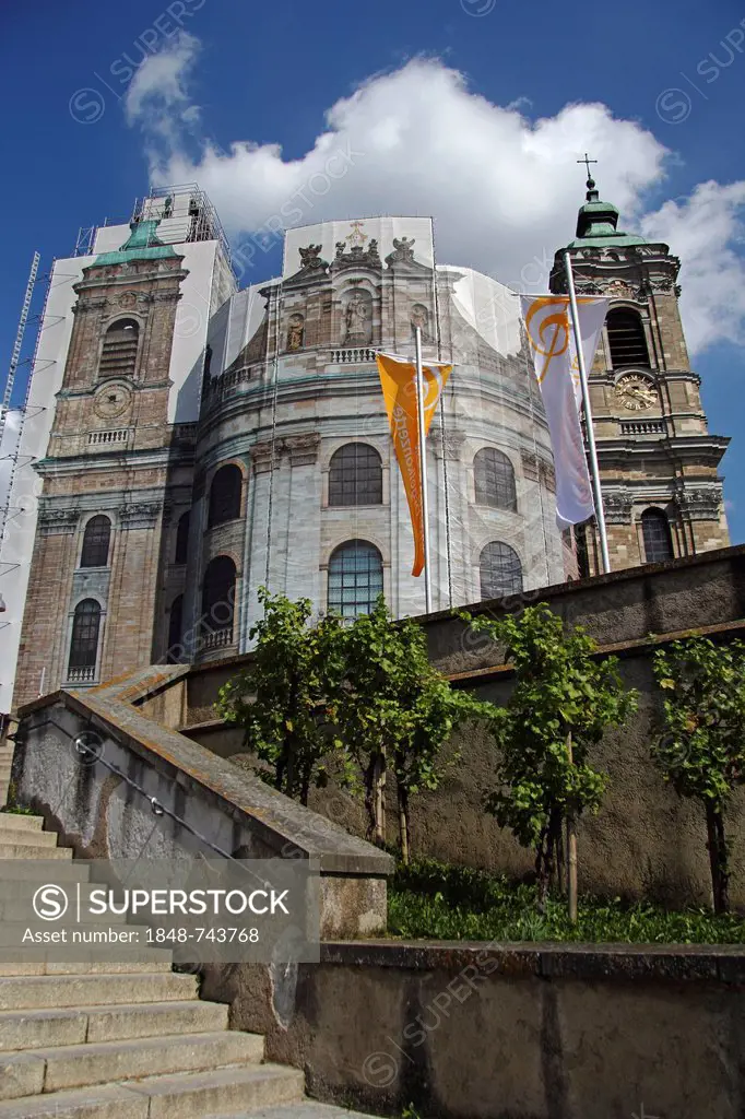Baroque Weingarten Abbey, St. Martin's Abbey, surrounded by scaffolding due to renovation, restoration of the northern tower and the central part of t...