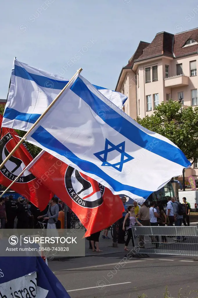 National flags of Israel, rally against the Al-Quds Day, protest against anti-Semitism and Islamism on 18.08.2012, Adenauer Platz square, Berlin, Germ...