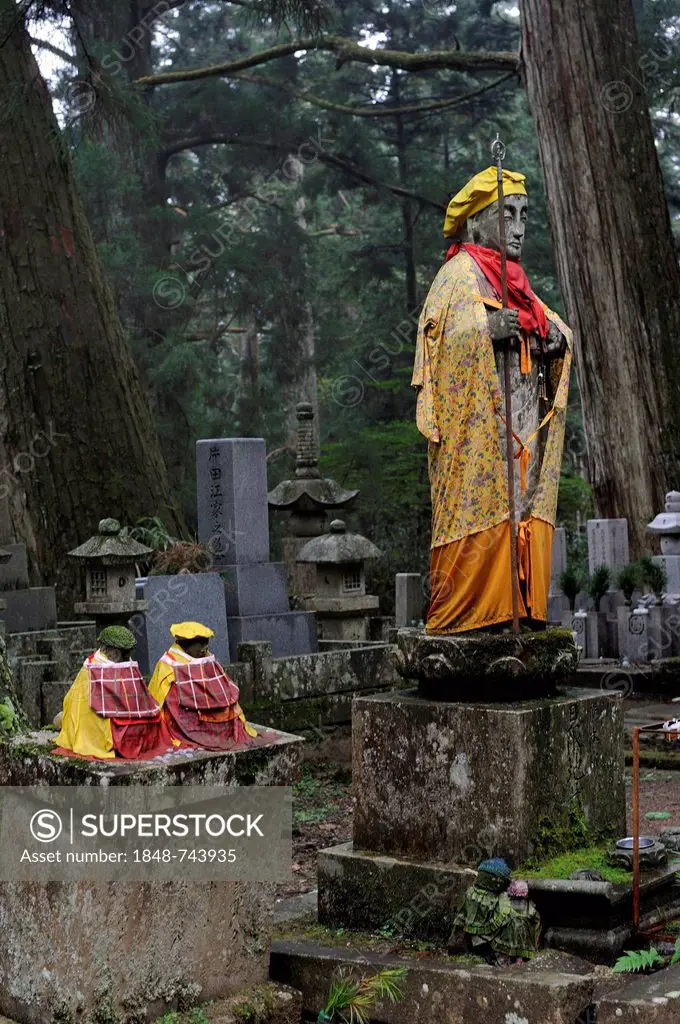 Jizo statue, the guardian of deceased children as well as miscarried, stillborn, and aborted fetuses, in the cemetery of Koyasan, Koya-san, a UNESCO W...