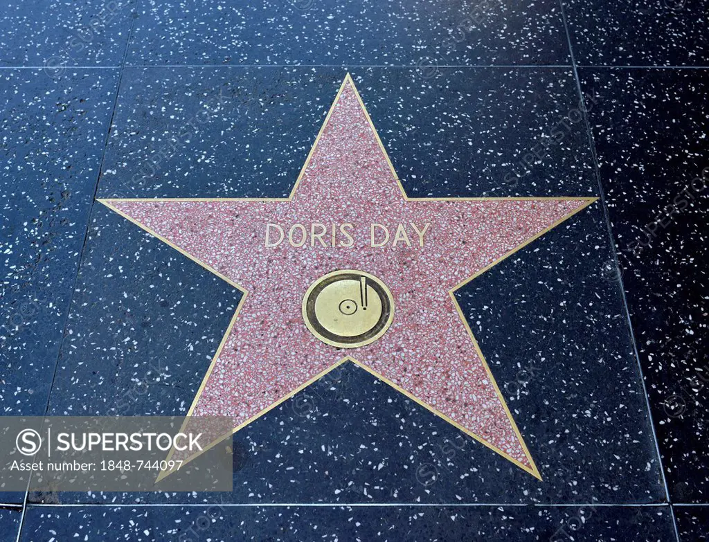 Terrazzo star for the artist Doris Day, music category, Walk of Fame, Hollywood Boulevard, Hollywood, Los Angeles, California, United States of Americ...