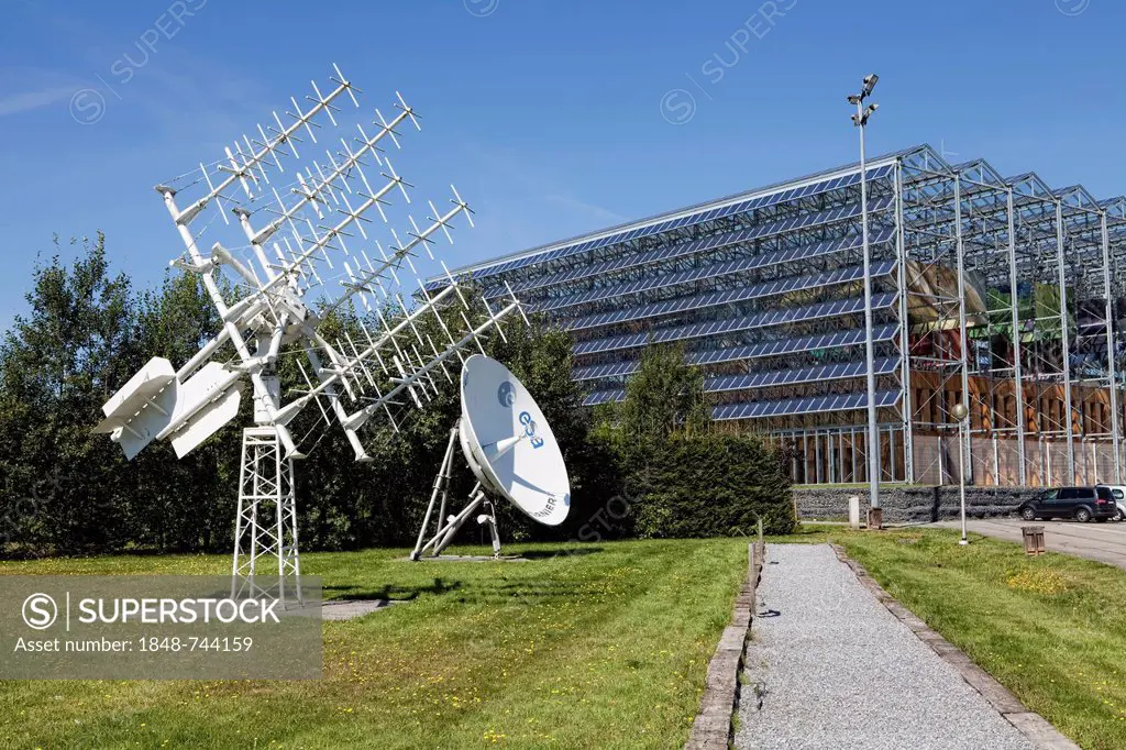 Parabolic antenna of the European Communications Satellite, ECS, for communications satellites operated by Eutelsat and a high-frequency antenna from ...
