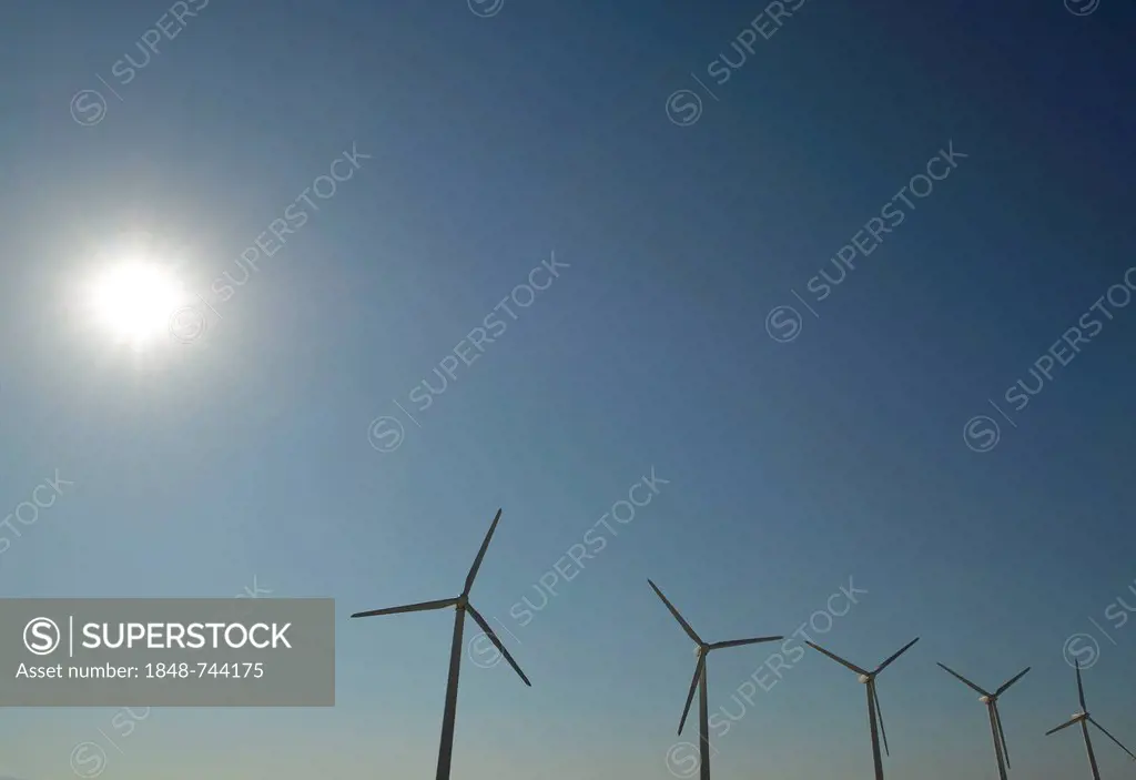 Solar energy and wind energy, San Gorgonio Pass Wind Farm, operated by ExxonMobil, one of the three largest wind farms in the United States, Palm Spri...