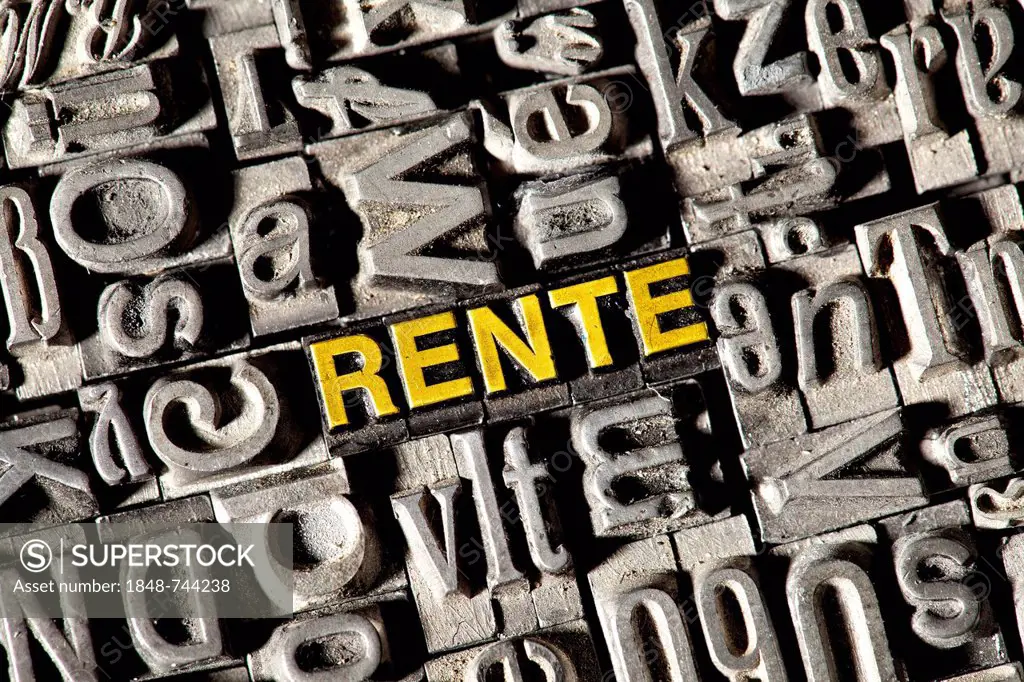 Old lead letters forming the word RENTE, German for PENSION