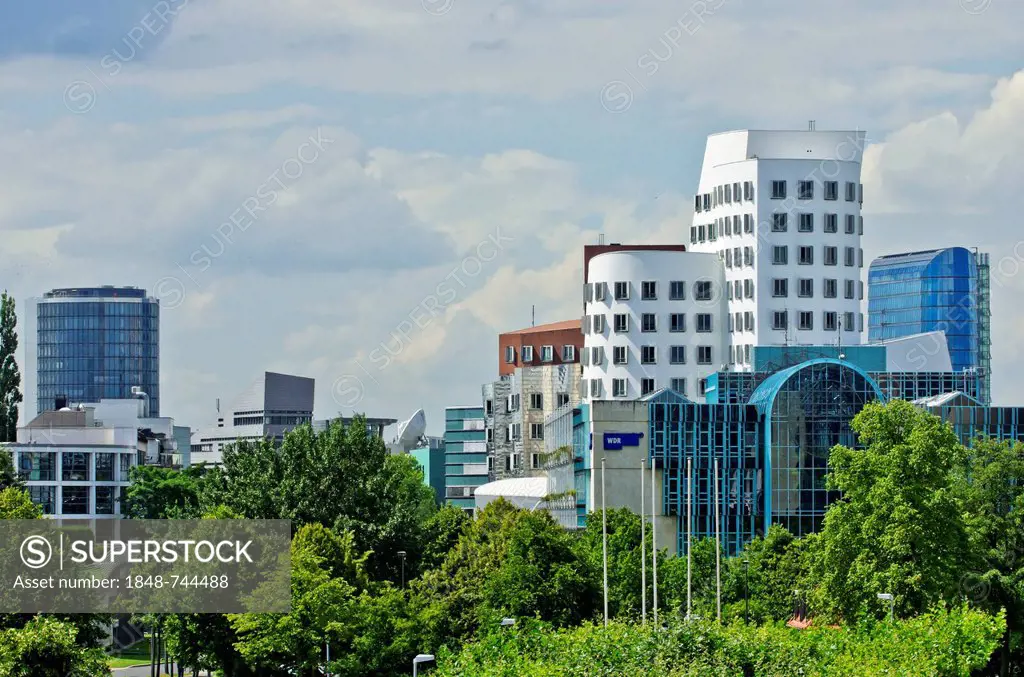 The WDR building and the Gehry buildings, Medienhafen district, Duesseldorf, North Rhine-Westphalia, Germany, Europe