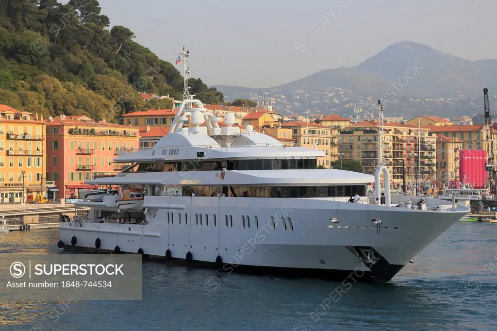 Moonlight II motor yacht, built by Neorion, length: 85.30 m, built in 2005, arriving in the port of Nice, French Riviera, France, Mediterranean Sea, E...