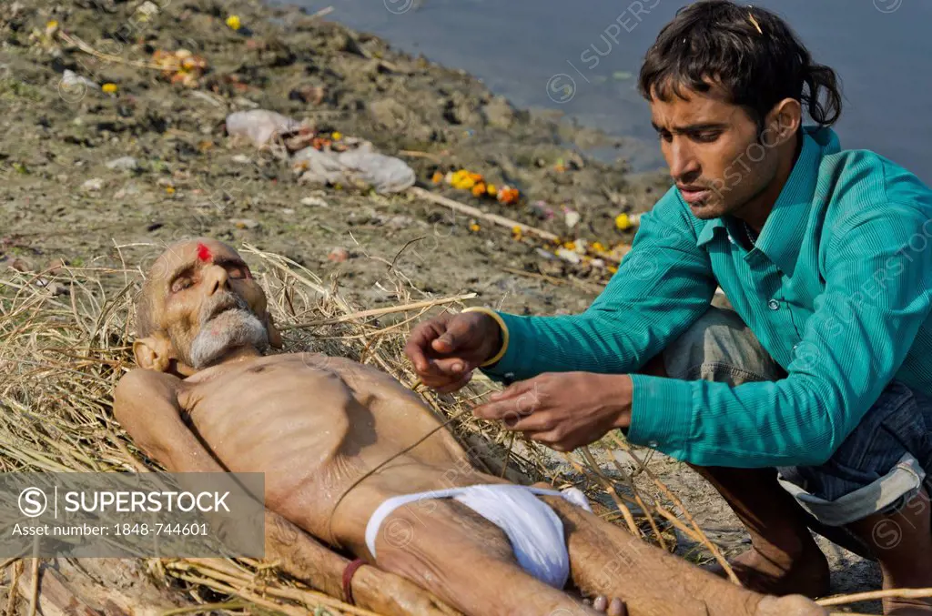 Putting a dead body on firewood on the banks of river Yamuna as part of a cremation ceremony, Vrindavan, India, Asia