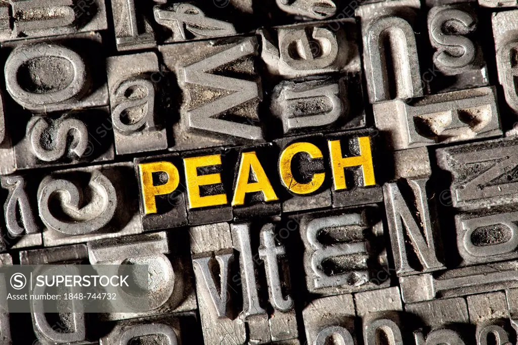 Old lead letters forming the word PEACH