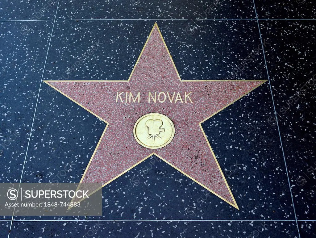 Terrazzo star for the artist Kim Novak, film category, Walk of Fame, Hollywood Boulevard, Hollywood, Los Angeles, California, United States of America...