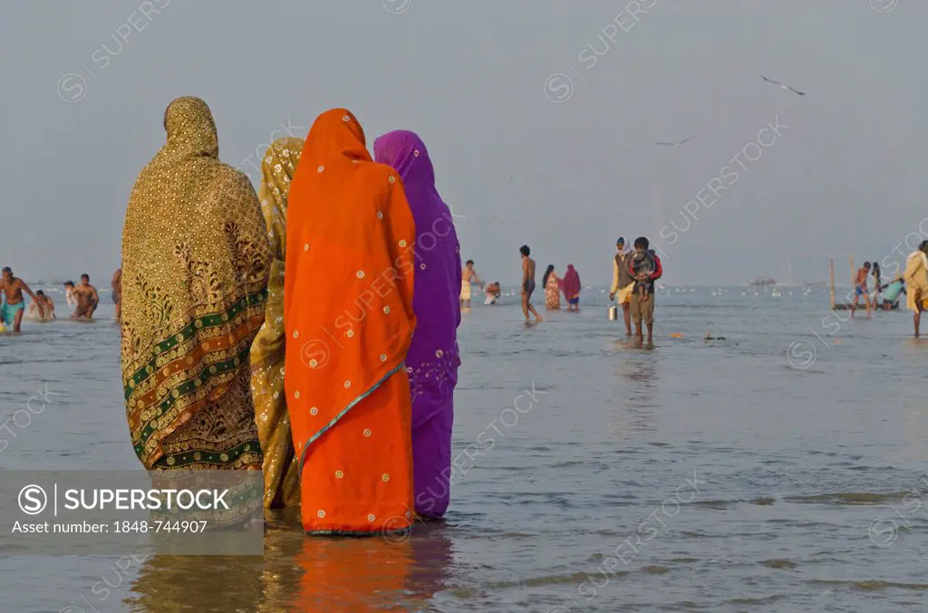 Pilgrims standing in the water at Sangam, the confluence of the holy rivers Ganges, Yamuna and Saraswati, Allahabad, India, Asia