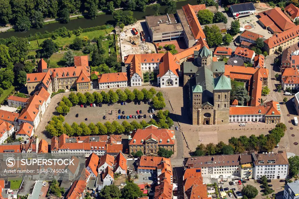 Aerial view, Gymnasium Carolinum, St. Peter's Cathedral, Osnabrueck, Lower Saxony, Germany, Europe