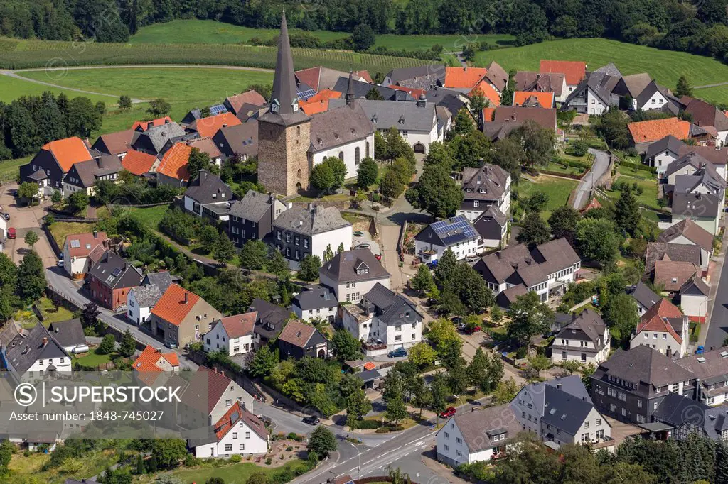 Aerial view, Catholic Church of St. Clement, Kallenhardt, Ruethen, Sauerland, North Rhine-Westphalia, Germany, Europe